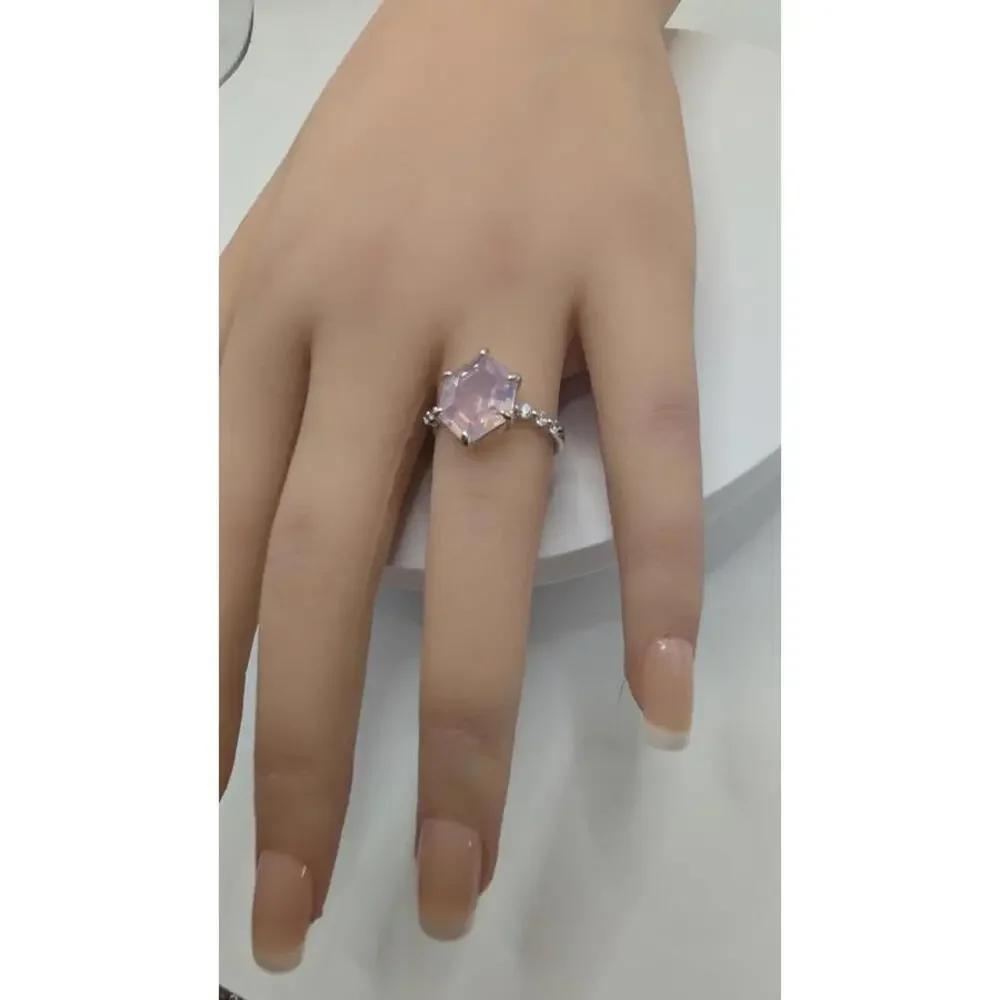 Silver Ring with Hexagonal Pink Gemstone and Decorative Side Stones Size 7